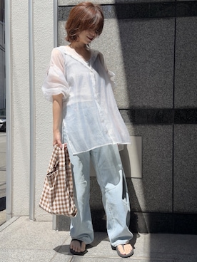 「Gran creerのアイテム（エコバッグ/サブバッグ、ベージュ系）」を使った、granさん（レディース・155cm）の夏コーディネート