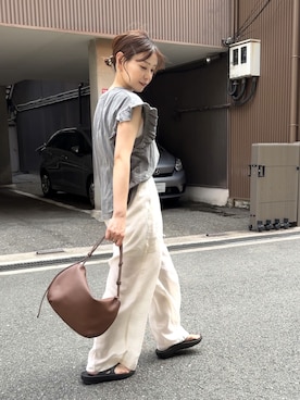 「Gran creerのアイテム（ショルダーバッグ、ブラウン系）」を使った、granさん（レディース・155cm）の夏コーディネート