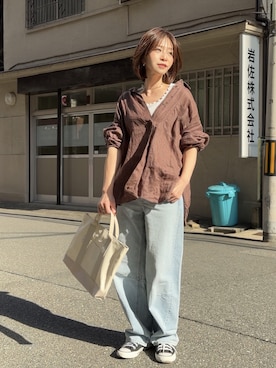 「B.C STOCK（ベーセーストック）の《追加4》手洗い可 / 2wayフレンチリネンシャツ（シャツ/ブラウス、ブラウン系）」を使った、granさん（レディース・155cm）の春コーディネート