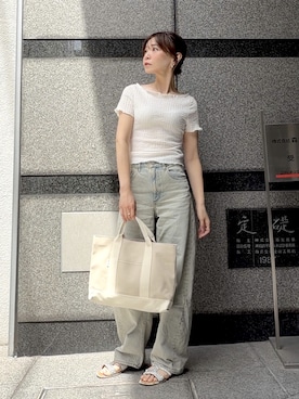 「H&M（エイチ・アンド・エム）のアイテム（Tシャツ/カットソー、ホワイト系）」を使った、granさん（レディース・155cm）の夏コーディネート