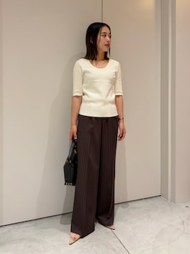 「ESTNATION（エストネーション）のESTNATION / ピンストライプイージーパンツ（スラックス、ブラウン系）」を使った、ESTNATIONさん（レディース・164cm）の夏コーディネート