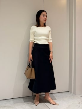 「ESTNATION（エストネーション）のESTNATION / 五分袖ボートネックニット（Tシャツ/カットソー、ホワイト系）」を使った、ESTNATIONさん（レディース・164cm）の夏コーディネート