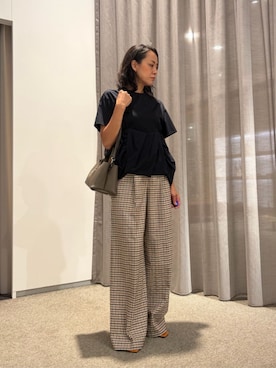 「ESTNATION（エストネーション）のESSENCEOFLUXURY / チェックワイドパンツ（スラックス、ブラウン系）」を使った、ESTNATIONさん（レディース・164cm）の夏コーディネート