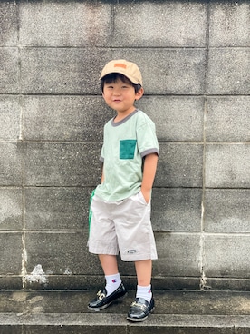 「UNIVERSAL OVERALL（ユニバーサルオーバーオール）のアイテム（帽子）」を使った、yuto@airiさん（キッズ・100cm）の夏コーディネート