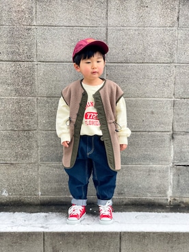 「UNIVERSAL OVERALL（ユニバーサルオーバーオール）のアイテム（帽子）」を使った、yuto@airiさん（キッズ・90cm）の冬コーディネート