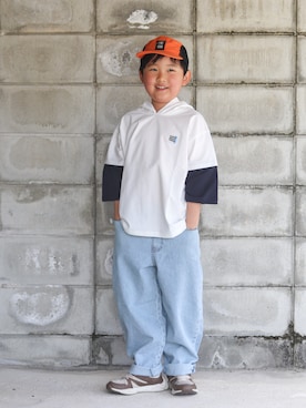 「ikka（イッカ）の【親子コーデ】接触冷感6分袖レイヤードパーカー（120~160cm）（パーカー、ホワイト系）」を使った、yuto@airiさん（キッズ・110cm）の春コーディネート