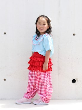 「LOWRYS FARM（ローリーズファーム）の２ＷＡＹフリルプルオーバー　450506（Tシャツ/カットソー）」を使った、yuto@airiさん（キッズ・100cm）の夏コーディネート