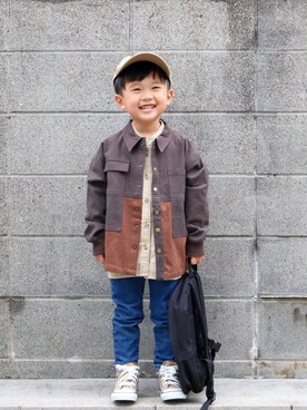 「CIAOPANIC TYPY（チャオパニックティピー）の【OSORO】コットンリネンサファリシャツ（シャツ/ブラウス）」を使った、yuto@airiさん（キッズ・100cm）の秋コーディネート