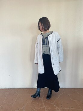 「ロゴニット」｜「アイテム（ノーカラーコート）」を使った、minaさん（レディース・159cm）の冬コーディネート