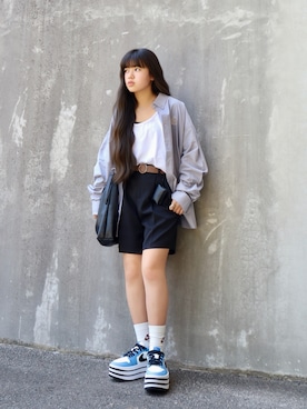 「NIKE（ナイキ）のNIKE ナイキ M CLB OXFORD LS NCC ロングスリーブ シャツ IQ6244 067CMT GY/SNDRF（シャツ/ブラウス、グレー系）」を使った、花音さん（キッズ・152cm）の夏コーディネート