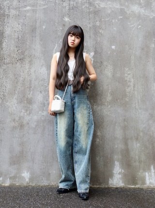 「yuue' ( wear )(ユーイ)のVネックレース付きリブタンクトップ(タンクトップ)」を使った、花音さん(キッズ・152cm)の夏コーディネート