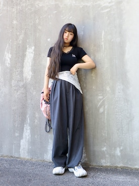 「MUCENT（ムセント）の◇MUCENT◇ブランド直輸入正規品/SUNNIOR LACE V-NECK HALF T サニアレースVネック半袖Tシャツ（Tシャツ/カットソー、ブラック系）」を使った、花音さん（キッズ・152cm）の夏コーディネート