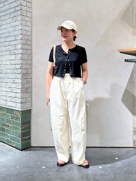 「CIAOPANIC TYPY（チャオパニックティピー）の【willow】アイレット半袖スナップカーデキャミセット（Tシャツ/カットソー、ブラック系）」を使った、ayaさん（レディース・158cm）の夏コーディネート