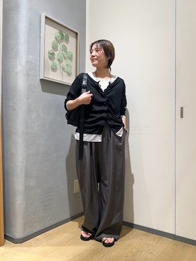 「CIAOPANIC TYPY（チャオパニックティピー）の【冷房・日焼け対策にも◎】フロントタックレイヤードライクメランジリブシアーカーディガン（カーディガン/ボレロ、ブラック系）」を使った、ayaさん（レディース・158cm）の春コーディネート