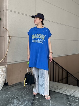 「etsinta（エシンタ）の【etsinta】ビジュー付カレッジノースリ（タンクトップ、ブルー系）」を使った、ayaさん（レディース・158cm）の夏コーディネート