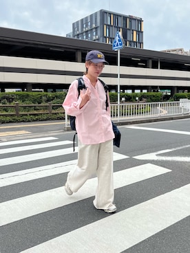 「CIAOPANIC TYPY（チャオパニックティピー）の【しわになりにくい】ボリュームスリーブバンドカラーシャツ/ストライプ柄/チェック柄（シャツ/ブラウス、ピンク系）」を使った、ayaさん（レディース・158cm）の春コーディネート