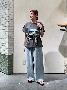 「CIAOPANIC TYPY（チャオパニックティピー）のアソートフォトプリントオーバーTee（Tシャツ/カットソー、ブラック系）」を使った、ayaさん（レディース・158cm）の夏コーディネート