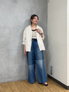 「etsinta（エシンタ）の【etsinta/エシンタ】ライトオンスリメイクワイドパンツ（デニムパンツ、ブルー系）」を使った、ayaさん（レディース・158cm）の夏コーディネート