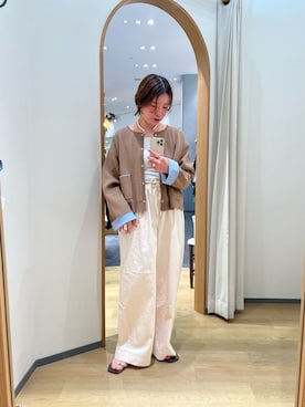 「CIAOPANIC TYPY（チャオパニックティピー）の【UVカット/接触冷感】袖配色ニットスナップカーデ（カーディガン/ボレロ、ベージュ系）」を使った、ayaさん（レディース・158cm）の春コーディネート