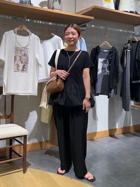 「CIAOPANIC TYPY（チャオパニックティピー）の裾バルーンランダムリブ半袖トップス（Tシャツ/カットソー、ブラック系）」を使った、ayaさん（レディース・158cm）の夏コーディネート