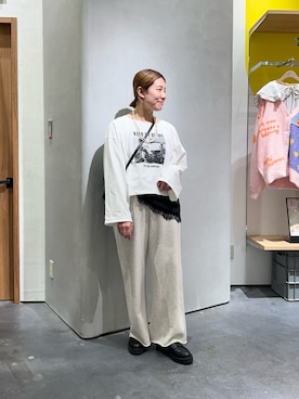 「CIAOPANIC TYPY（チャオパニックティピー）のふんわりタッチアソートワイドスリーブTee（Tシャツ/カットソー、ホワイト系）」を使った、ayaさん（レディース・158cm）の春コーディネート