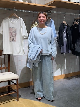 「CIAOPANIC TYPY（チャオパニックティピー）の配色カラーフェイクレイヤードシアースラブワンポイント刺繍オーバーTee（Tシャツ/カットソー、ブルー系）」を使った、ayaさん（レディース・158cm）の春コーディネート