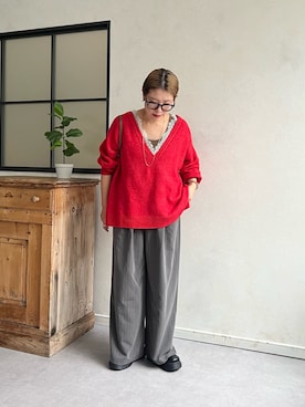 「CIAOPANIC TYPY（チャオパニックティピー）の【一枚着るだけで大人な抜け感】/体系カバー/深Vレースドッキングオーバーニット（ニット/セーター、レッド系）」を使った、ayaさん（レディース・158cm）の秋コーディネート