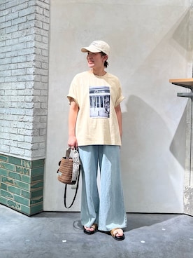 「CIAOPANIC TYPY（チャオパニックティピー）のアソートフォトプリントオーバーTee（Tシャツ/カットソー、ベージュ系）」を使った、ayaさん（レディース・158cm）の夏コーディネート