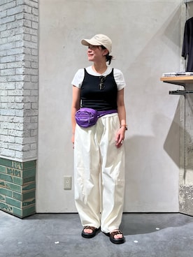 「CIAOPANIC TYPY（チャオパニックティピー）の【3サイズ展開/接触冷感】ピコレースツイルバレルパンツ（その他パンツ、ホワイト系）」を使った、ayaさん（レディース・158cm）の夏コーディネート