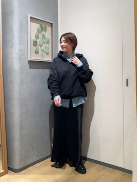 「CIAOPANIC TYPY（チャオパニックティピー）の【UNISEX】スプレー加工ヘンリースナップフーディー（パーカー、ブラック系）」を使った、ayaさん（レディース・158cm）の春コーディネート