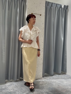 「natural couture（ナチュラルクチュール）のドットフリルブラウス（シャツ/ブラウス、ホワイト系）」を使った、はせきよさん（レディース・158cm）の夏コーディネート