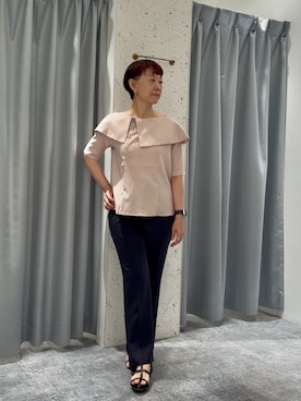 「natural couture（ナチュラルクチュール）の接触冷感マシンウォッシャブル防シワアシメネック半袖ブラウス（Tシャツ/カットソー、ピンク系）」を使った、はせきよさん（レディース・158cm）の夏コーディネート