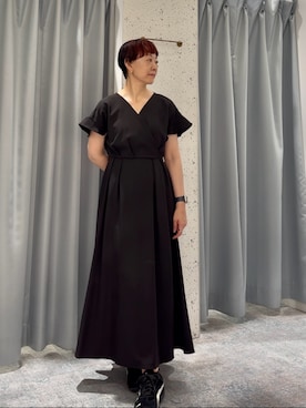 「natural couture（ナチュラルクチュール）の【sherbet line】接触冷感カシュクールフリル袖ワンピース（One piece dress、ブラック系）」を使った、はせきよさん（レディース・158cm）の夏コーディネート