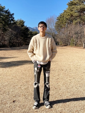「TAKAHIROMIYASHITATheSoloIst.（タカヒロミヤシタザソロイスト）のアイテム（Tシャツ/カットソー）」を使った、こめさん（メンズ・181cm）の冬コーディネート