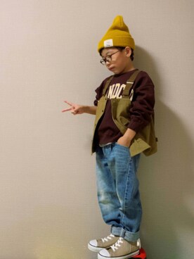 「アイテム（タンクトップ、ホワイト系）」を使った、HeROさん（キッズ・110cm）の秋コーディネート