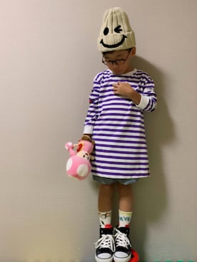 「アイテム（ラッピングキット、パープル系）」を使った、HeROさん（キッズ・110cm）の秋コーディネート