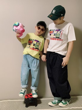 「The animals observatory（ジ・アニマルズ・オブザーバトリー）のアイテム（帽子）」を使った、HeROさん（キッズ・120cm）の冬コーディネート
