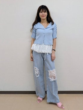 「LOWRYS FARM（ローリーズファーム）のレースデニム　601055（デニムパンツ、ブルー系）」を使った、あやかさん（レディース・163cm）の夏コーディネート