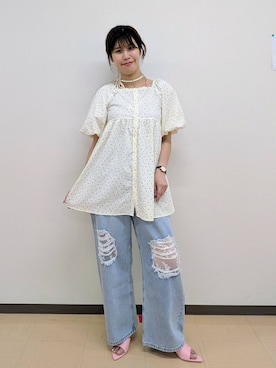 「LOWRYS FARM（ローリーズファーム）のレースデニム　601055（デニムパンツ、ブルー系）」を使った、あやかさん（レディース・163cm）の夏コーディネート