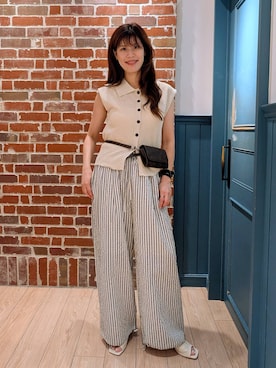 「LOWRYS FARM（ローリーズファーム）のメランジポロフレンチスリーブ　1045953（ベスト、ホワイト系）」を使った、あやかさん（レディース・163cm）の夏コーディネート