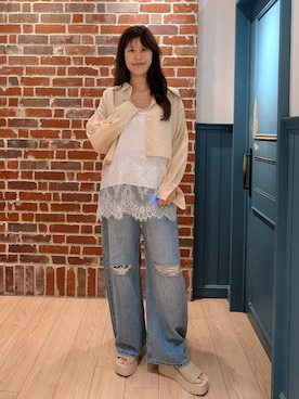 「LOWRYS FARM（ローリーズファーム）のシアーシャツＬＳ  605853（シャツ/ブラウス、イエロー系）」を使った、あやかさん（レディース・163cm）の夏コーディネート