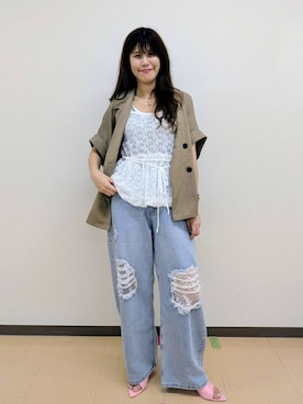 「LOWRYS FARM（ローリーズファーム）のレースデニム　601055（デニムパンツ、ブルー系）」を使った、あやかさん（レディース・163cm）の夏コーディネート