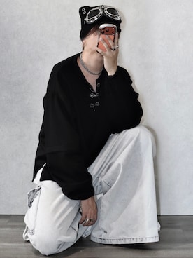 「ADRER（アドラー）のCat ear metal eyelet knit beanie / キャットイヤー メタル アイレット ニット ビーニー（ニットキャップ/ビーニー、ブラック系）」を使った、Ryoooさん（メンズ・178cm）の夏コーディネート