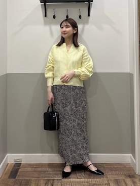 「A part by（アパートバイ）のアイレットアミショートカーディガン（カーディガン/ボレロ、イエロー系）」を使った、mihoさん（レディース・157cm）の冬コーディネート
