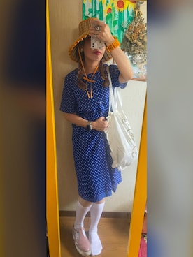 「ヴィンテージワンピース」｜「アイテム（帽子）」を使った、れなっささん（レディース・157cm）の夏コーディネート