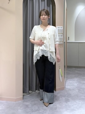 「mysty woman（ミスティウーマン）のサマーツイードライクカーディガンSS　497233（カーディガン/ボレロ、ホワイト系）」を使った、エリンギさん（レディース・153cm）の春コーディネート
