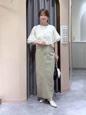 「mysty woman（ミスティウーマン）の［追加1］ラッセルレースアンサンブルSS　104216（カーディガン/ボレロ、ホワイト系）」を使った、エリンギさん（レディース・153cm）の春コーディネート