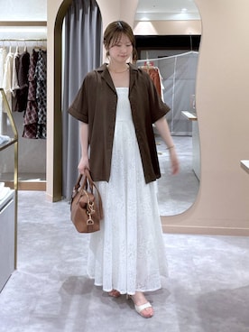 「mysty woman（ミスティウーマン）の【セットアイテム】レースキャミワンピ半袖シャツセット 1050297（ワンピース、ホワイト系）」を使った、エリンギさん（レディース・153cm）の夏コーディネート