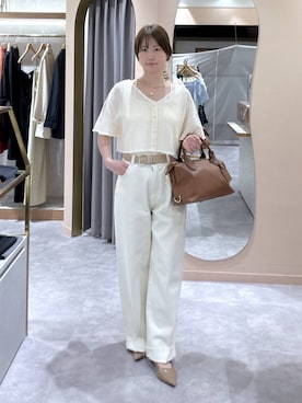 「mysty woman（ミスティウーマン）の［追加1］ラッセルレースアンサンブルSS　104216（カーディガン/ボレロ、ホワイト系）」を使った、エリンギさん（レディース・153cm）の春コーディネート