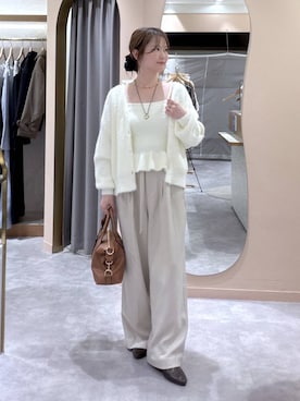 「mysty woman（ミスティウーマン）の【セットアップ着用可】ハイウエストベルト付タックパンツ 1082162（スラックス、ベージュ系）」を使った、エリンギさん（レディース・153cm）の秋コーディネート